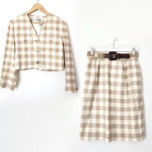 Vtg 70s Plaid Skirt Set Sz 10 Tan Jacket Union Made Linen JH‎ Collectibles ILGWU